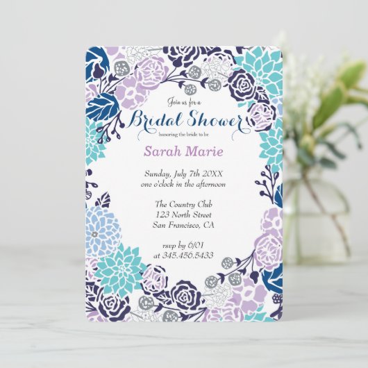 Bloemen Blauw Bloem krans Party uitnodiging (Staand voorkant)