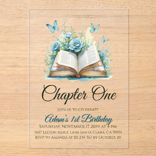 Bloemen Blauw Boek Jongen Hoofdstuk Een 1e Verjaar Acryl Uitnodigingen (Voorkant)