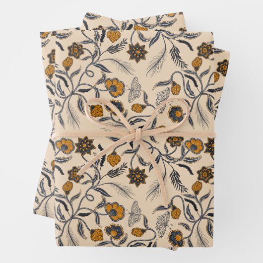 Bloemen blauw en goud bruiloft inpakpapier vel (In situ)