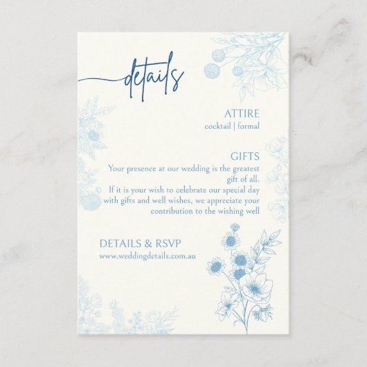 Bloemen Blauw en Wit Trouwdetails en RSVP (Voorkant)