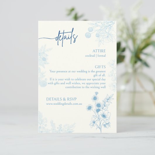 Bloemen Blauw en Wit Trouwdetails en RSVP (Staand voorkant)