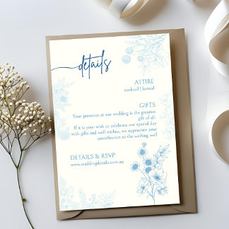 Bloemen Blauw en Wit Trouwdetails en RSVP Kaartje
