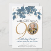 Bloemen Blauw Goud Aangepaste Foto 90ste Verjaarda Kaart (Voorkant)