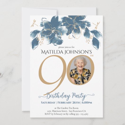Bloemen Blauw Goud Aangepaste Foto 90ste Verjaarda Kaart (Voorkant)