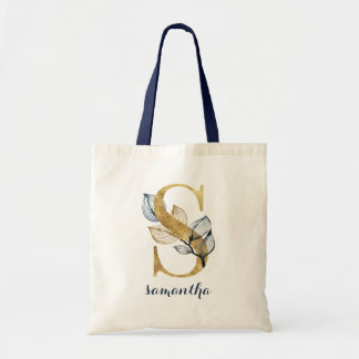Bloemen Blauw Goud Blad Monogram Letter "S" Tote Bag