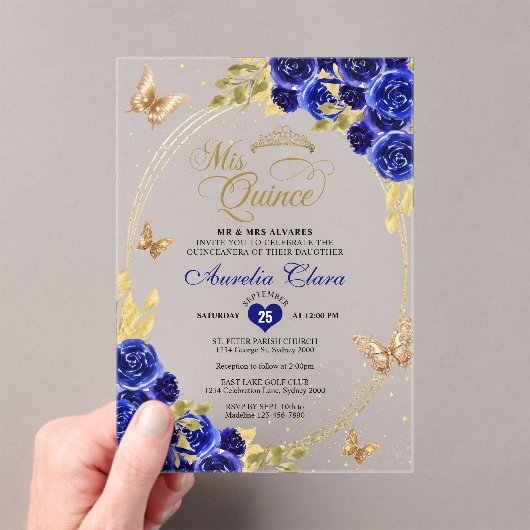 Bloemen Blauw Goud Tiara Vlinder Mis Quinceañera Acryl Uitnodigingen (Insitu (Draagbaar))