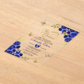 Bloemen Blauw Goud Tiara Vlinder Mis Quinceañera Acryl Uitnodigingen (Laagn)