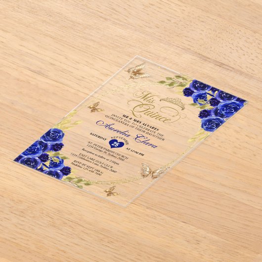 Bloemen Blauw Goud Tiara Vlinder Mis Quinceañera Acryl Uitnodigingen (Laagn)