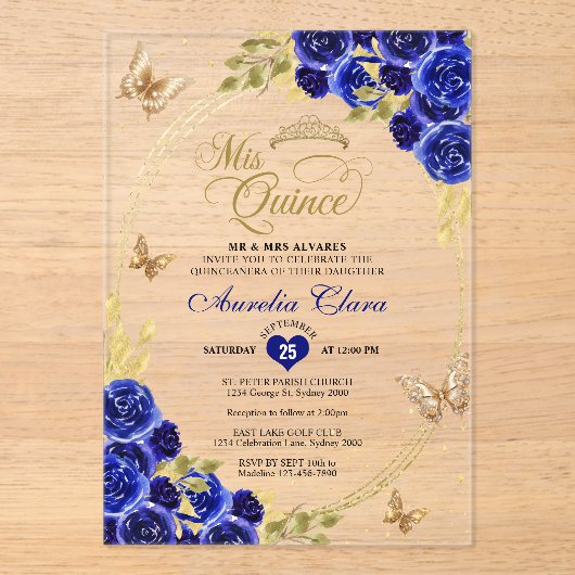 Bloemen Blauw Goud Tiara Vlinder Mis Quinceañera Acryl Uitnodigingen (Voorkant)
