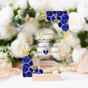 Bloemen Blauw Goud Tiara Vlinder Mis Quinceañera Acryl Uitnodigingen