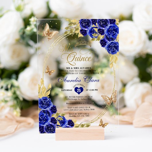 Bloemen Blauw Goud Tiara Vlinder Mis Quinceañera Acryl Uitnodigingen