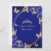 Bloemen Blauw Goud Tiara Vlinder Mis Quinceañera Kaart (Achterkant)