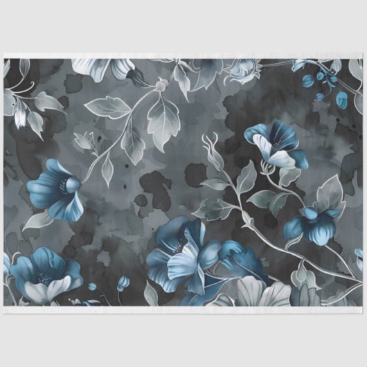 Bloemen Blauw Grijs  Achtergrond Decoupage Tissuepapier (Voorkant)