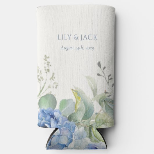 Bloemen Blauw Hydrangea Evenement Bruiloft Seltzer Blikjeskoeler (Voorkant)