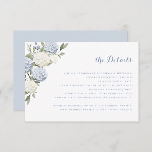 Bloemen Blauw Hydrangea Groen Bruiloft Details Kaart (Voorkant / Achterkant)