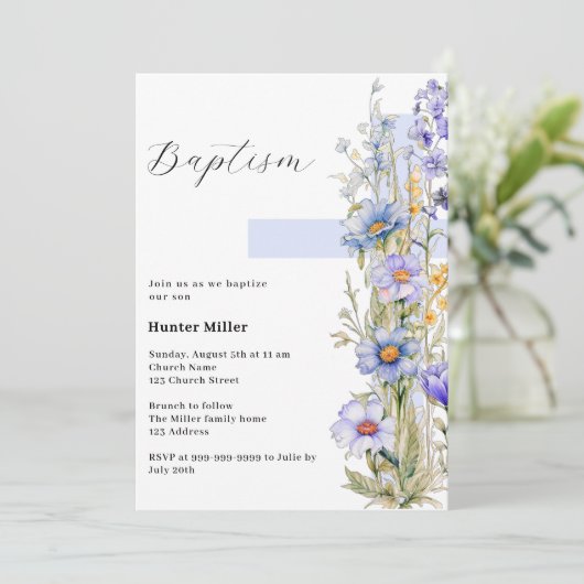 Bloemen blauw kruis jongen Doop Kaart (Staand voorkant)