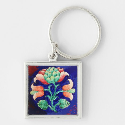 BLOEMEN, blauw roze groen Sleutelhanger (Voorkant)
