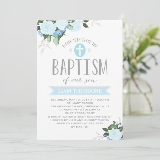 Bloemen| Blauw | uitnodiging tot doop (Staand voorkant)