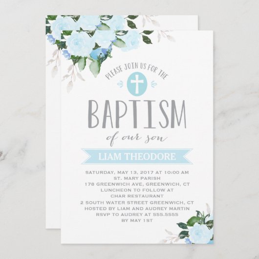 Bloemen| Blauw | uitnodiging tot doop (Voorkant / Achterkant)