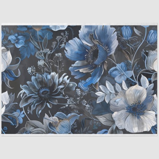 Bloemen  Blauw Wit Bloem Decoupage Tissuepapier (Voorkant)