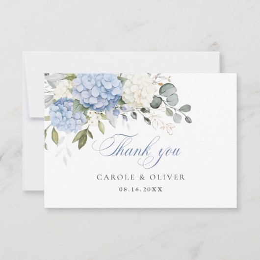 Bloemen Blauw Wit Hydrangea Groen Bruiloft Bedankkaart (Voorkant)