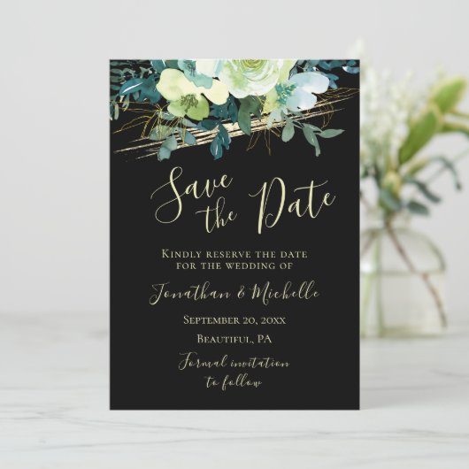 Bloemen Blauw Wit Ivoor Goud Zwart Elegant Bruilof Save The Date (Staand voorkant)