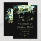 Bloemen Blauw Wit Ivoor Goud Zwart Elegant Bruilof Save The Date (Voorkant / Achterkant)
