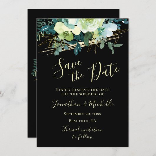 Bloemen Blauw Wit Ivoor Goud Zwart Elegant Bruilof Save The Date (Voorkant / Achterkant)