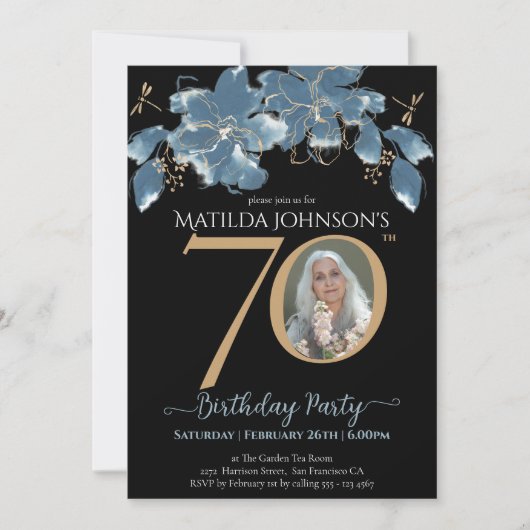Bloemen Blauw Zwart Goud Aangepaste Foto 70e Verja Kaart (Voorkant)
