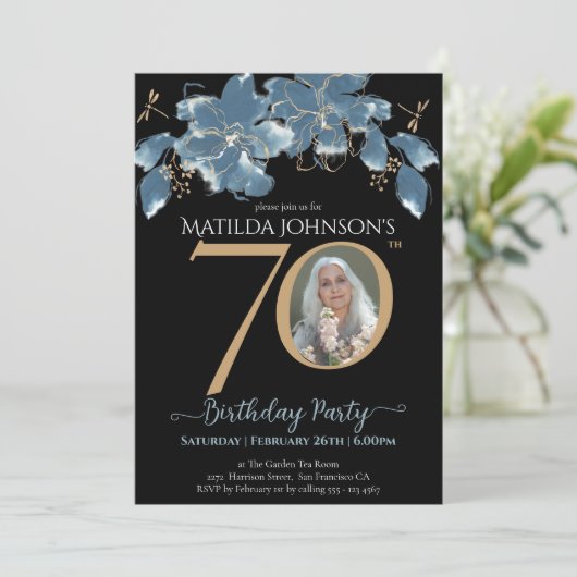 Bloemen Blauw Zwart Goud Aangepaste Foto 70e Verja Kaart (Staand voorkant)