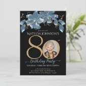 Bloemen Blauw Zwart Goud Custom Foto 80e Verjaarda Kaart (Staand voorkant)