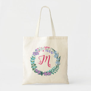 Bloemen Blauwbellen Kleurrijke Krans Monogram Tote Bag