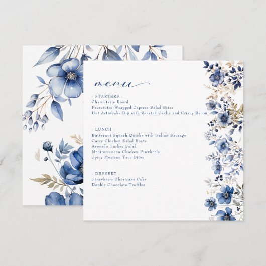Bloemen Blauwe Bruiloft Borrel Plat Menu (Voorkant / Achterkant)