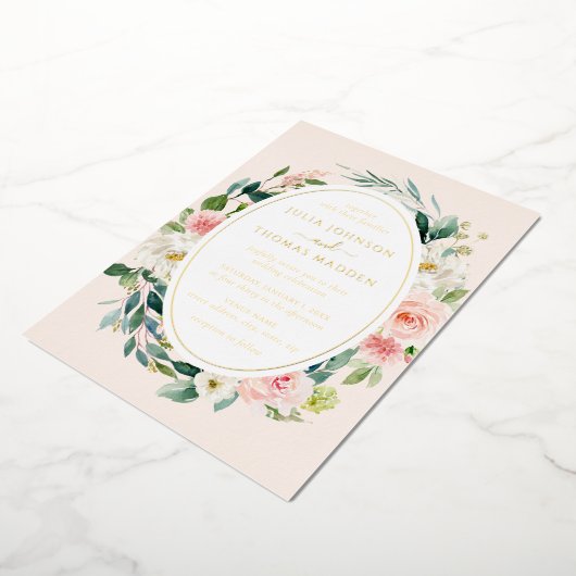 Bloemen Blauwe Gouden bruiloft Folie Uitnodiging (Gedraaid)