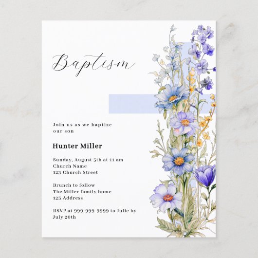 Bloemen blauwe kruis jongens Doop uitnodiging (Voorkant)