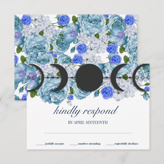 Bloemen Blauwe Maan Fase Wicca Handfasting RSVP Kaartje (Voorkant / Achterkant)
