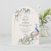 Bloemen blauwe pauw vogel bruiloft kaart (Staand voorkant)