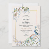 Bloemen blauwe pauw vogel bruiloft uitnodiging (Voorkant)