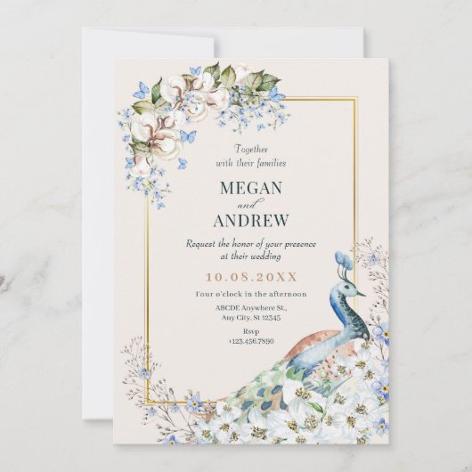 Bloemen blauwe pauw vogel bruiloft uitnodiging (Voorkant)
