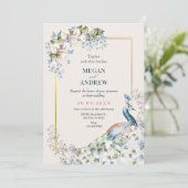 Bloemen blauwe pauw vogel bruiloft uitnodiging (Staand voorkant)