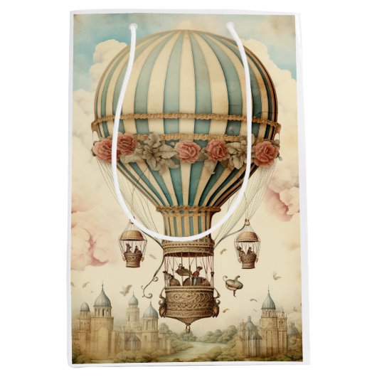  Bloemen Blauwe Streep Hete Luchtballon Medium Cadeauzakje (Voorkant)
