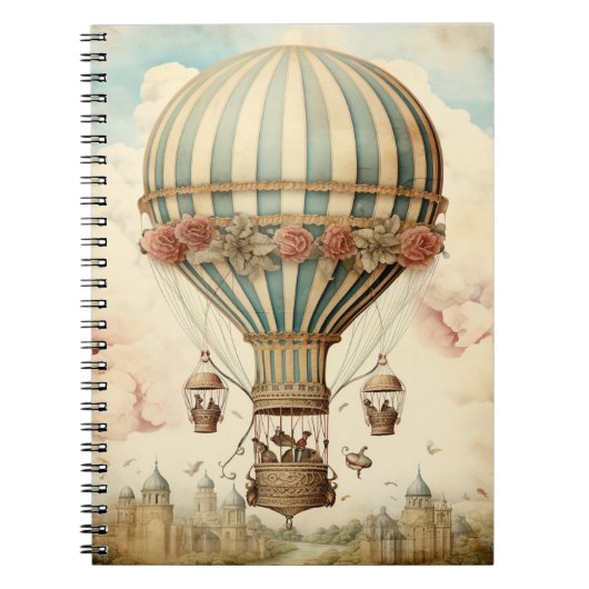 Bloemen Blauwe Streep Hete Luchtballon Notitieboek (Voorkant)