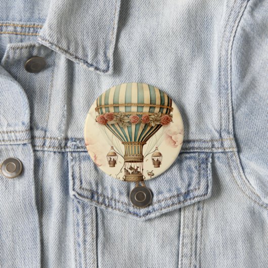 Bloemen Blauwe Streep Hete Luchtballon Ronde Button 7,6 Cm (In situ)