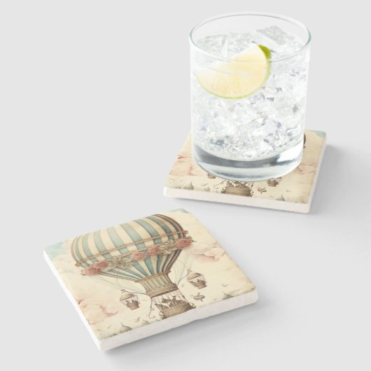  Bloemen Blauwe Streep Hete Luchtballon Stenen Onderzetter (Zijkant)