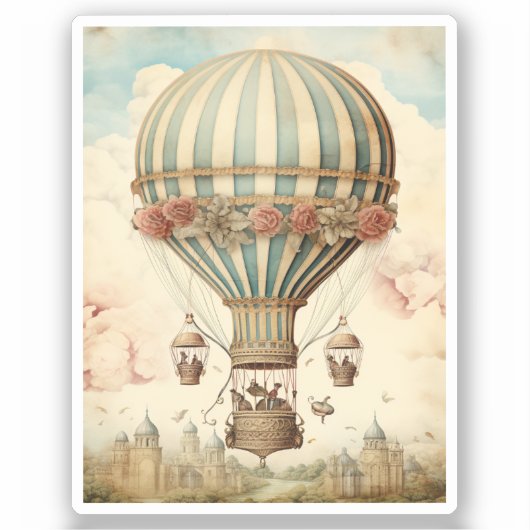  Bloemen Blauwe Streep Hete Luchtballon Sticker (Voorkant)