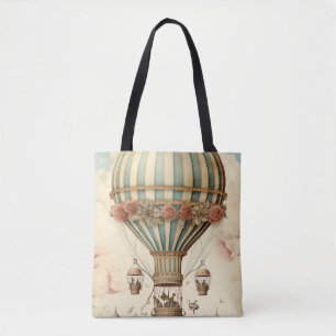  Bloemen Blauwe Streep Hete Luchtballon Tote Bag