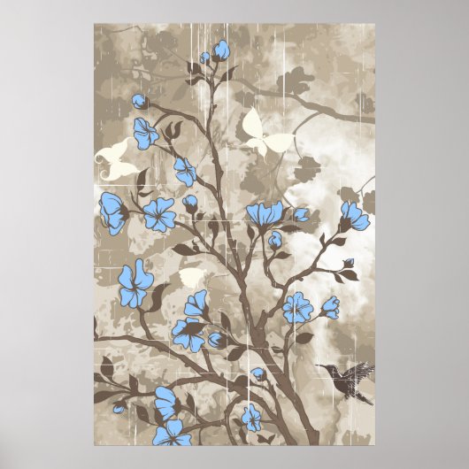 bloemen blauwe taupe floral grunge aangepast poster (Voorkant)