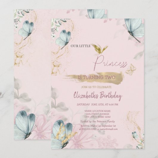 Bloemen Blauwe Vlinders Roze Verjaardag Kaart (Voorkant / Achterkant)