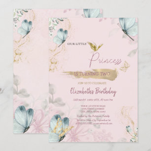 Bloemen Blauwe Vlinders Roze Verjaardag Kaart