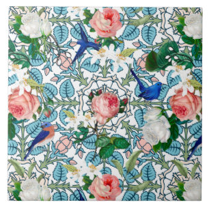 Bloemen, blauwe vogels, art nouveau, zomer tegeltje